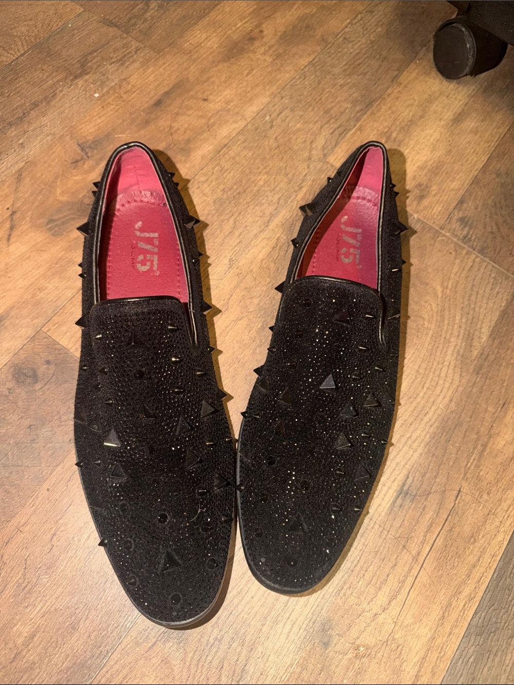 Men's Black Studded Velvet Slip-On Loafers with Red Insole